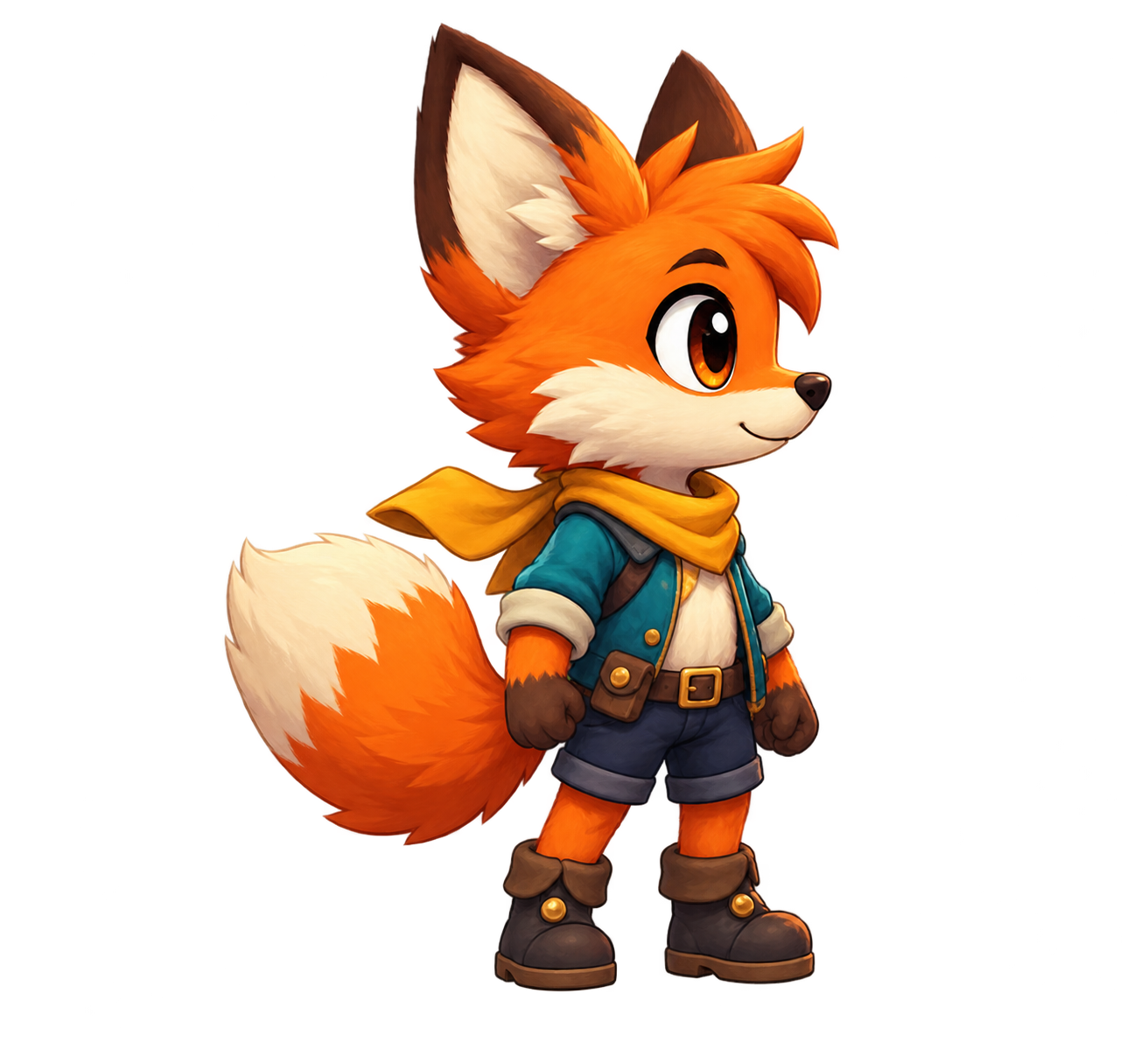 Original fox explorer artwork: a golden scarf, teal jacket, and leather boots