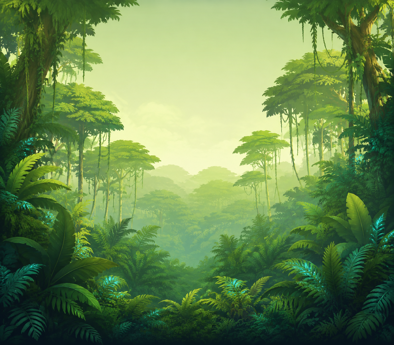Sunlight falling through a lush jungle canopy, with hanging vines and softly glowing leaves